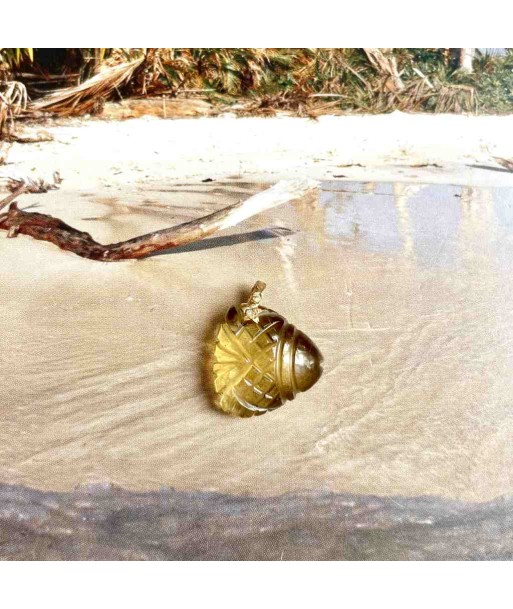 CHARM DISCUS Quartz lemon sculpté, bélière Diamants, Argent 925 plaqué or 24 cts destockage