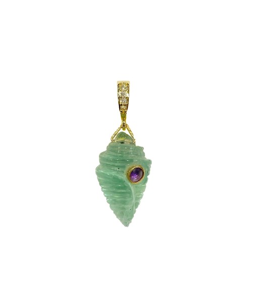 PRO - CHARM COQUILLAGE Quartze vert sertie Amethyste, bélière Diamants argent plaqué or 24 cts Véritable concentré