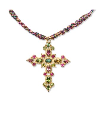 BYZANCE Collier Croix Tourmalines multicolores Argent Doré à l'or 24 cts 1 micron livraison gratuite