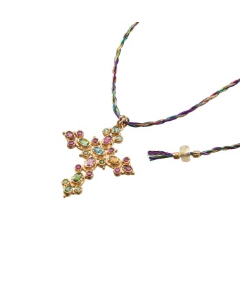 BYZANCE Collier Croix Tourmalines multicolores Argent Doré à l'or 24 cts 1 micron livraison gratuite