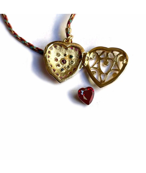 PRO - HEART LOCKET Collier Coeur Rubis, Diamants, Argent doré 24 cts, cordon de soie rainbow pas cher chine